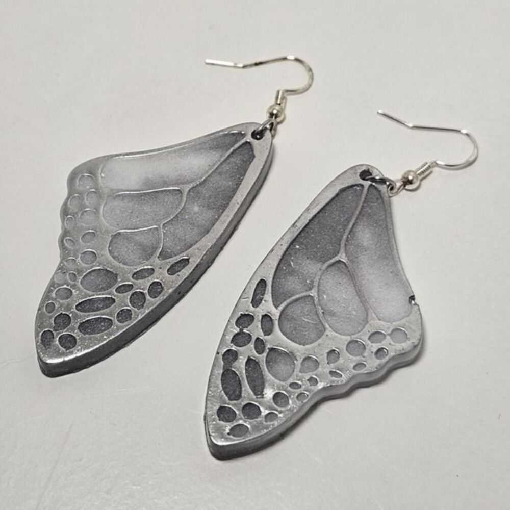 Handmade Monochrome Silver Butterfly Dangly Earrings